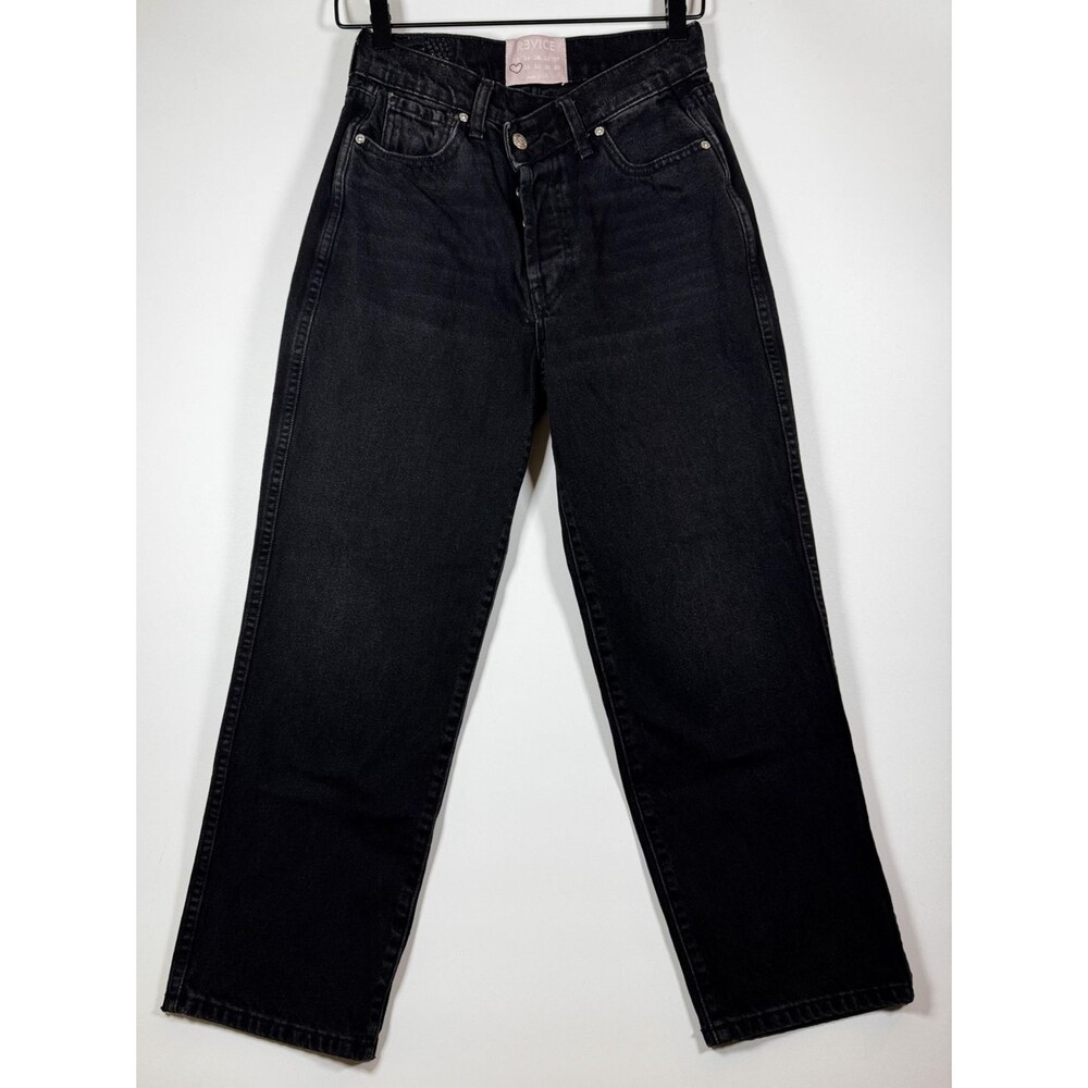 Revice Jeans 28 Black High Waist Straight Leg Denim Asymmetrical Button Fly USA‎